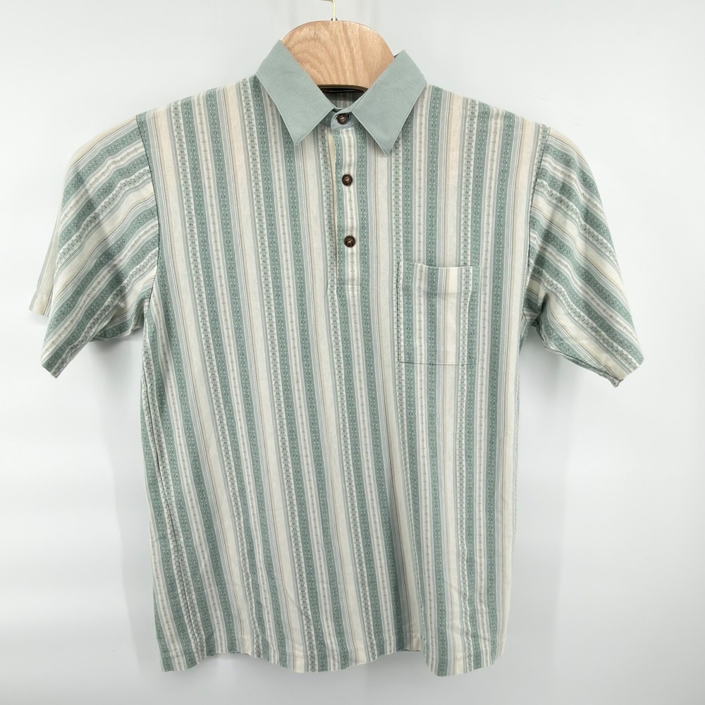 Classics by Palmland Polo Shirt Mens Large Green White Tan Striped Vintage